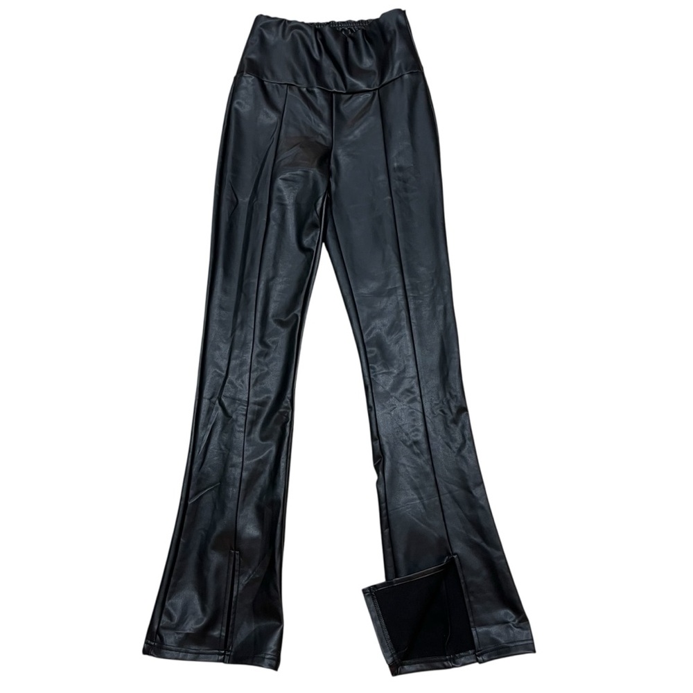 Nordstrom RDI Black Faux Leather Pants Split Hem Kick Flare Skinny Fleece Lined